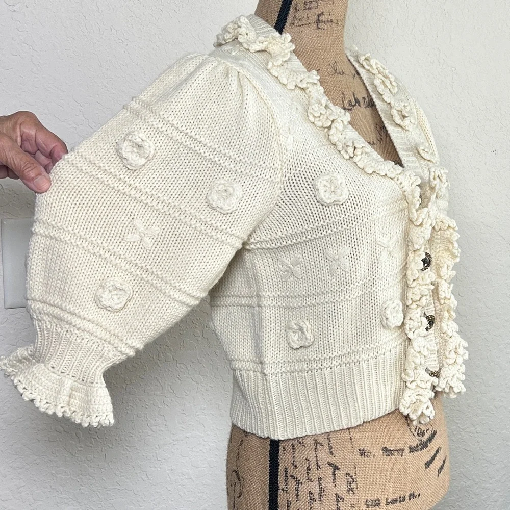 Zara Cream Textured Ruffle-Trim Button Cardigan - Picture 7 of 10